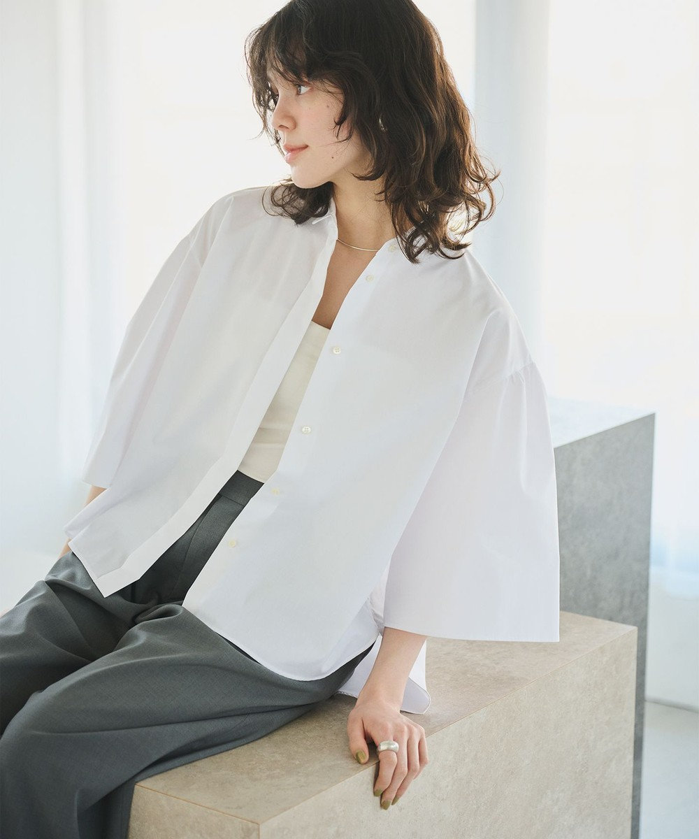 #Newans 【洗濯機可能/シワになりにくい】〈お尻・太ももをカバー〉フレアスリーブイタリアンカラーシャツ 