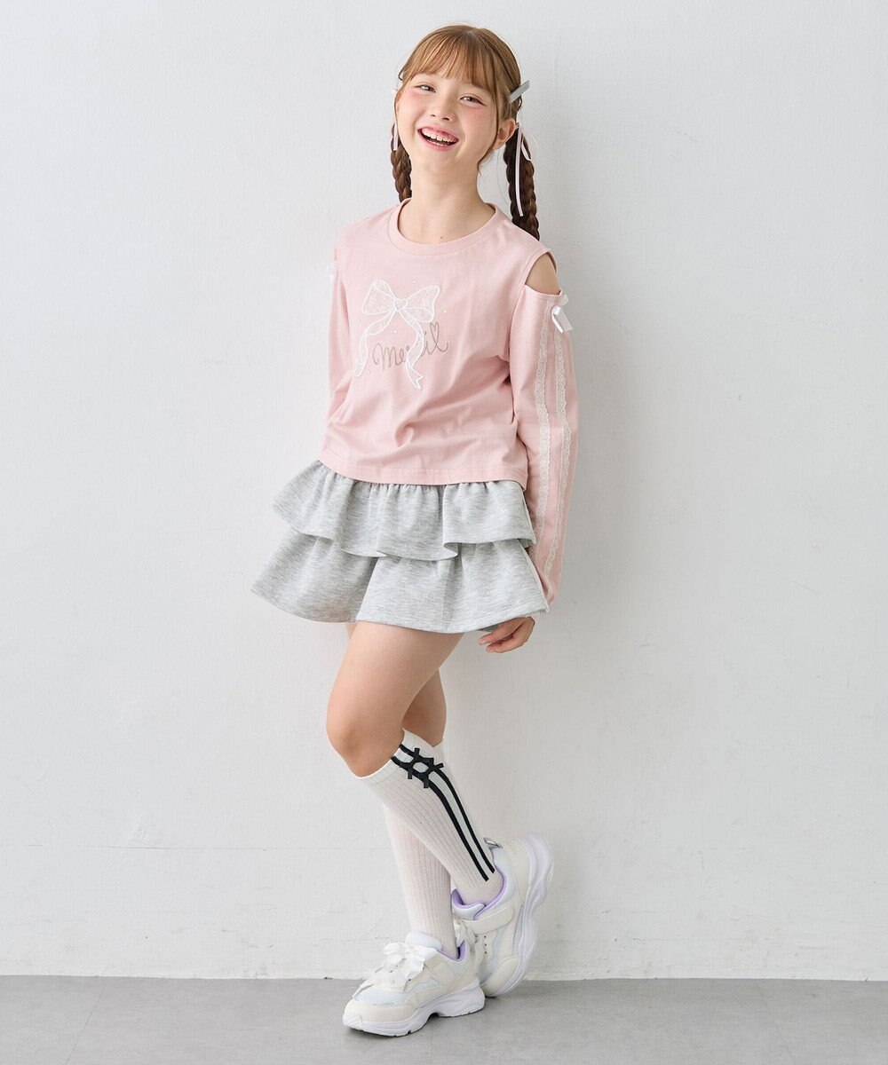 ANY KIDS 肩開きライン入り リボン長袖Tシャツ 