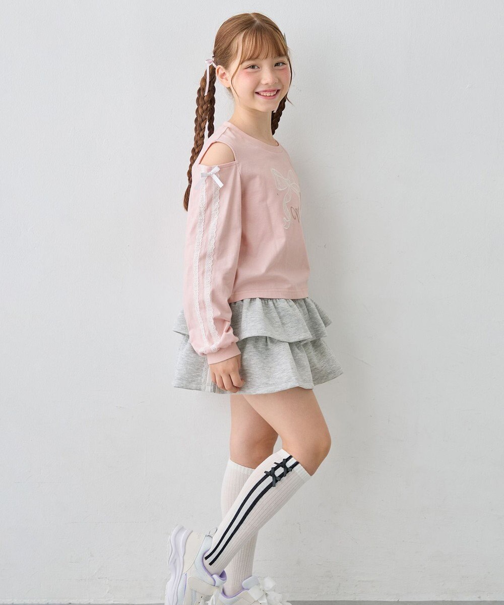 ANY KIDS 肩開きライン入り リボン長袖Tシャツ 