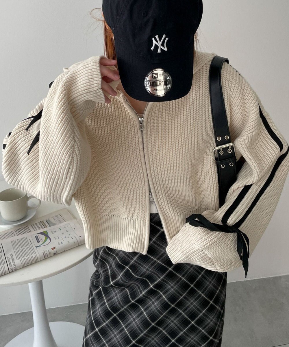 WEGO ラインリボンダブルジップニットパーカー 