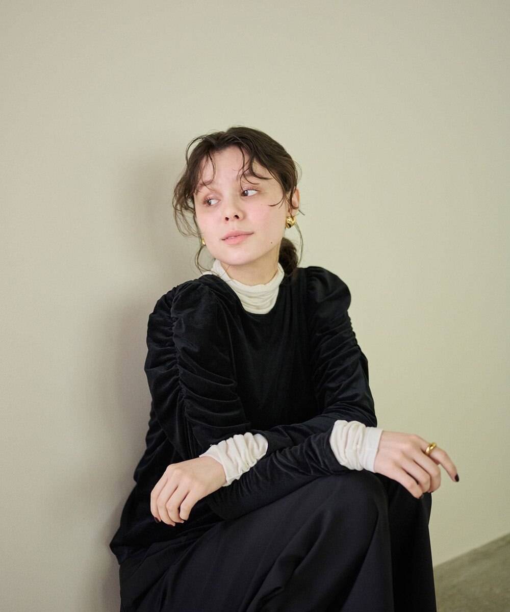 #Newans 【洗濯機可／ 前後着用可】 ギャザースリーブシアーベロアカーディガン 