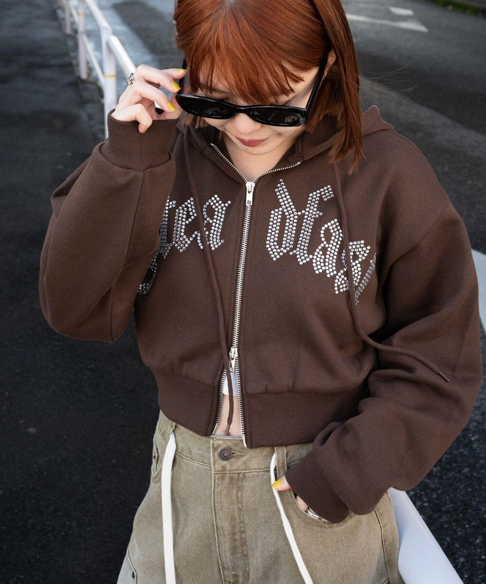 WEGO 【裏起毛】ラインストーン裏起毛ショートジップパーカー 