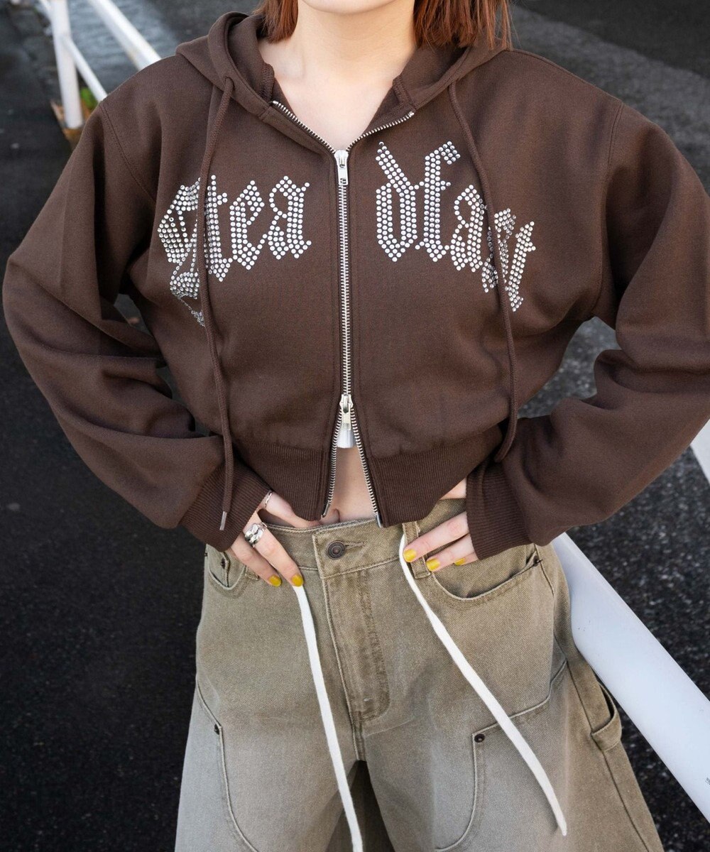 WEGO 【裏起毛】ラインストーン裏起毛ショートジップパーカー 