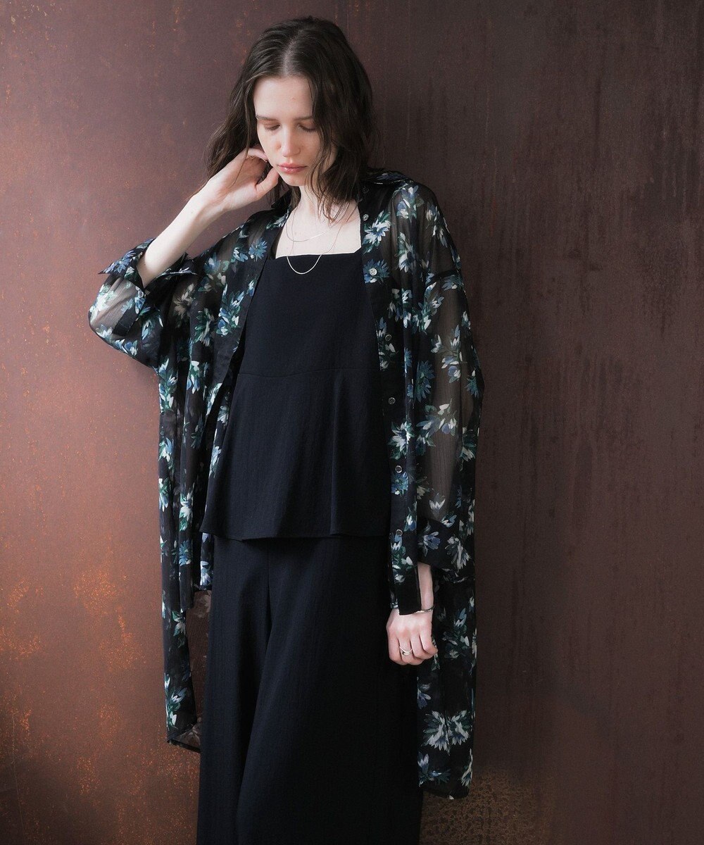 YECCA VECCA フラワー柄シアーロングシャツ 