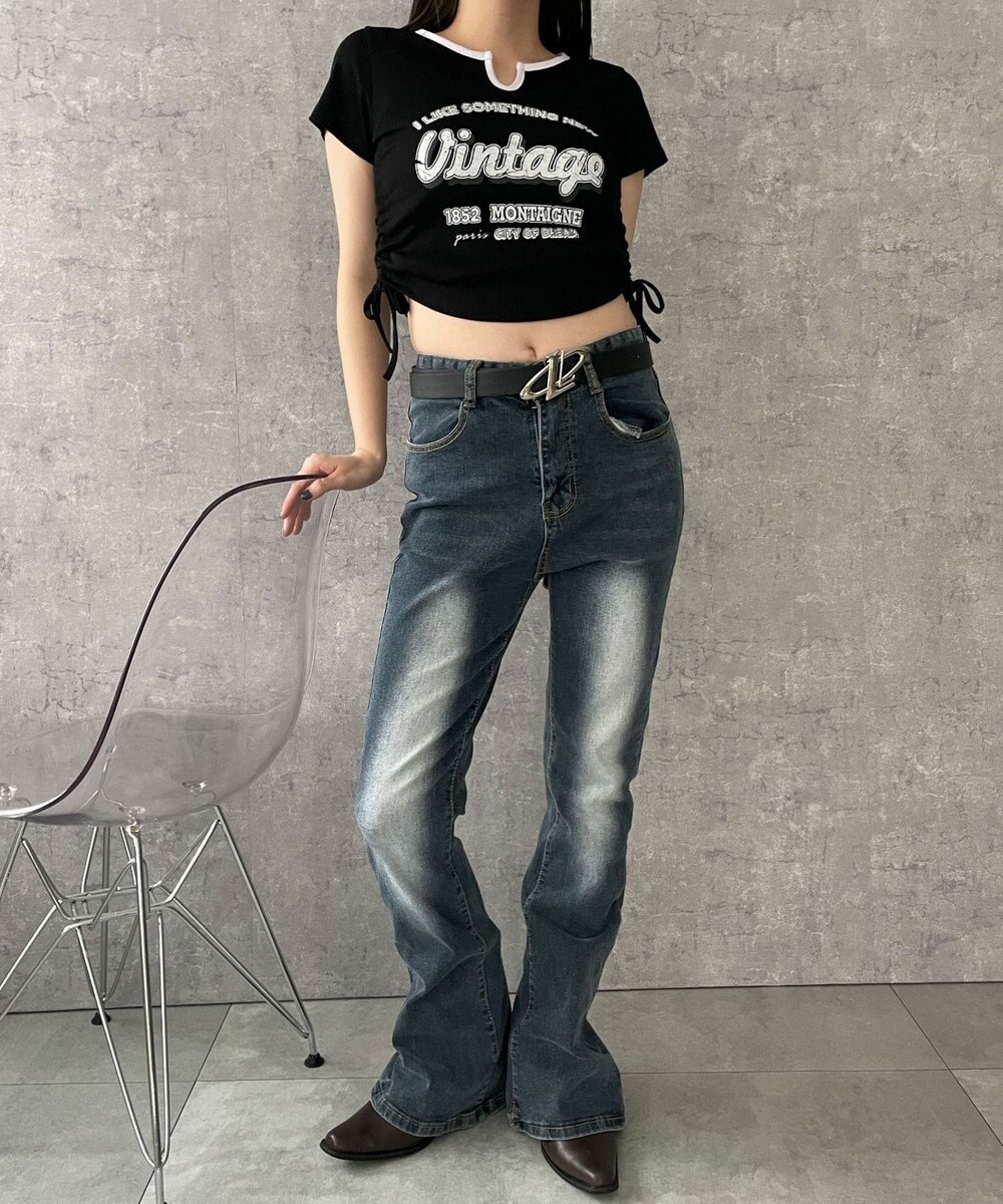 WEGO 配色サイドギャザーVネックT 