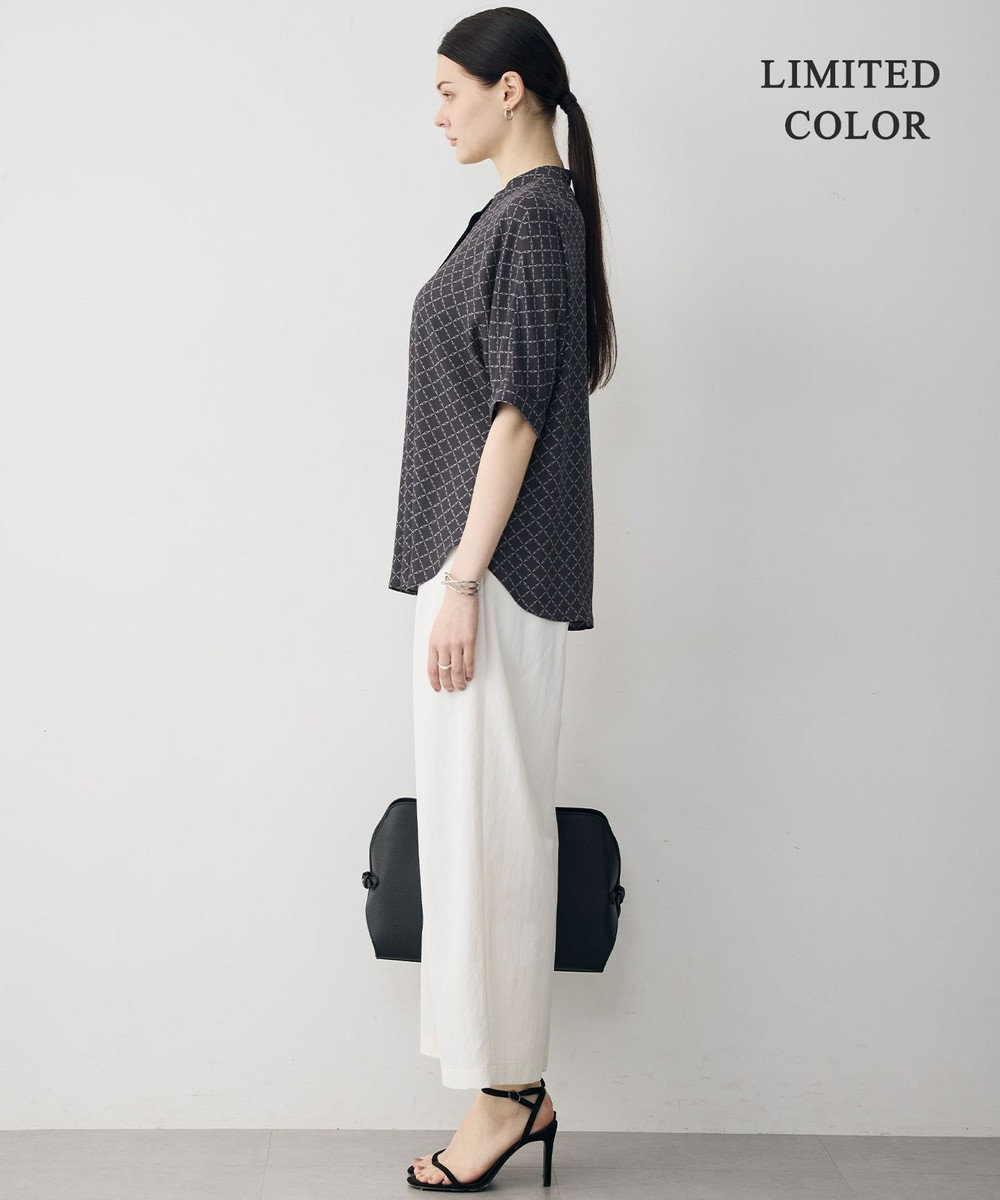 ICB 【新色追加・WEB限定カラーあり】BackSatinAmunzen 5分袖バンドカラーブラウス 