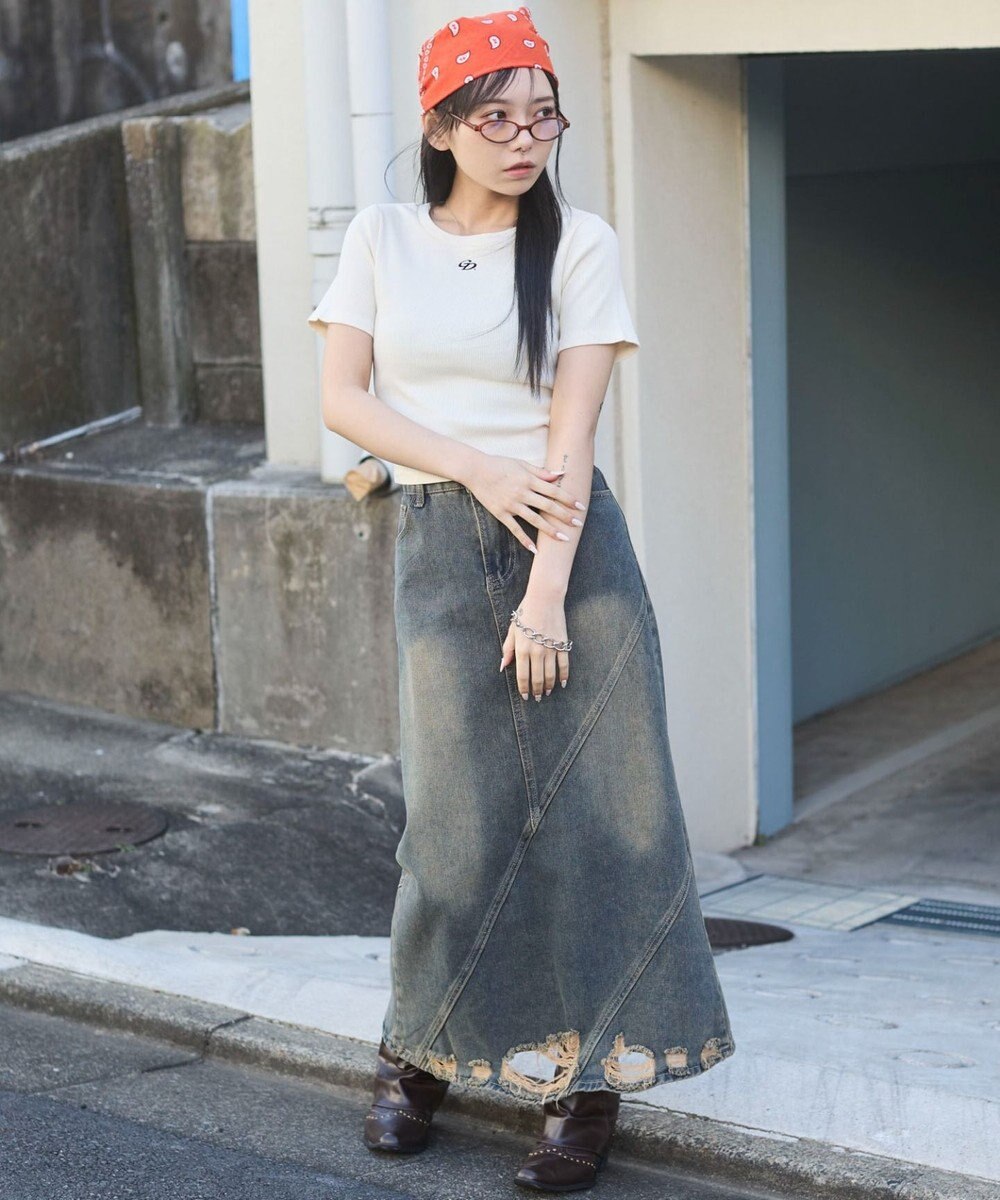 WEGO ヴィンテージウォッシュワンポイントリブT 