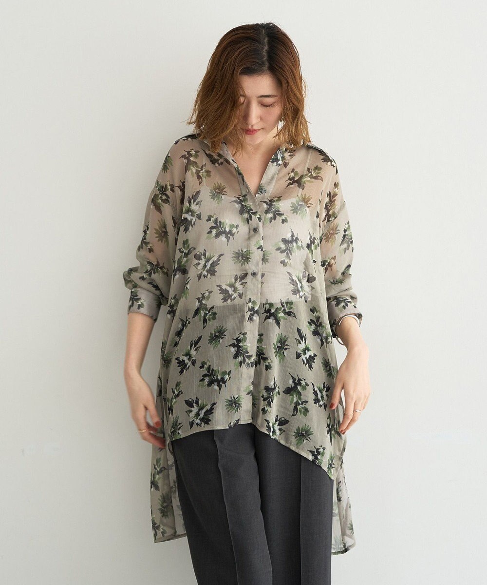 YECCA VECCA フラワー柄シアーロングシャツ 