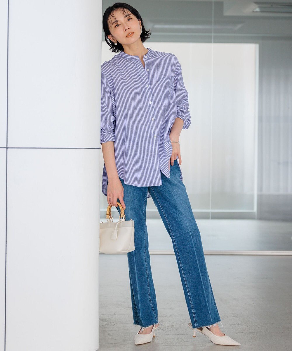 23区 【洗える】LIBECO バンドカラー シャツ 