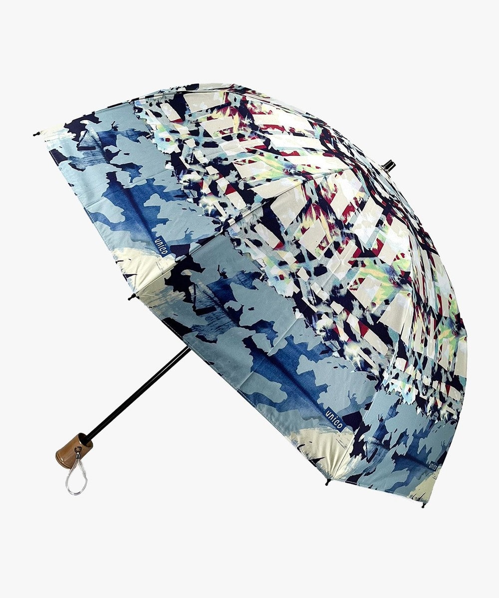 general design store 【UV/遮光率99％以上/晴雨兼用】バンブーハンドルUNICO幾何学柄折傘 BLUE