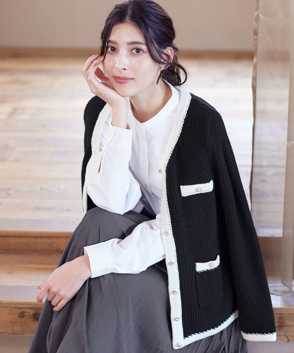 Tiaclasse 【洗える】ミドル丈配色ノーカラーニットジャケット 