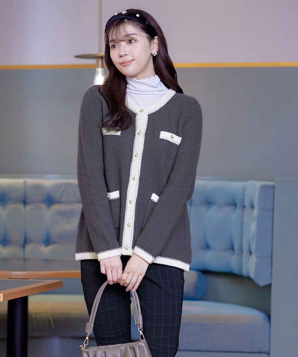 Tiaclasse 【洗える】ミドル丈配色ノーカラーニットジャケット 