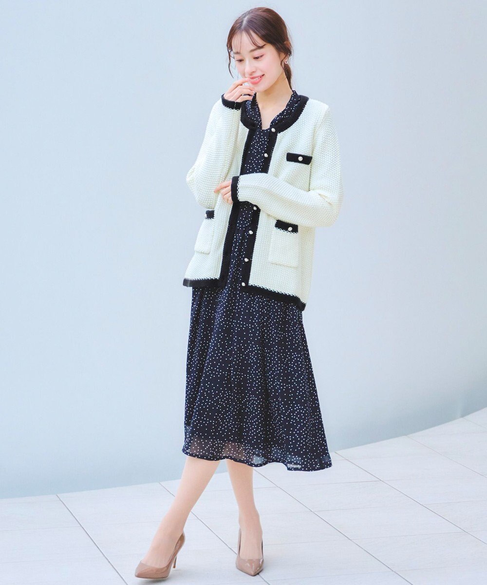 Tiaclasse 【洗える】ミドル丈配色ノーカラーニットジャケット 