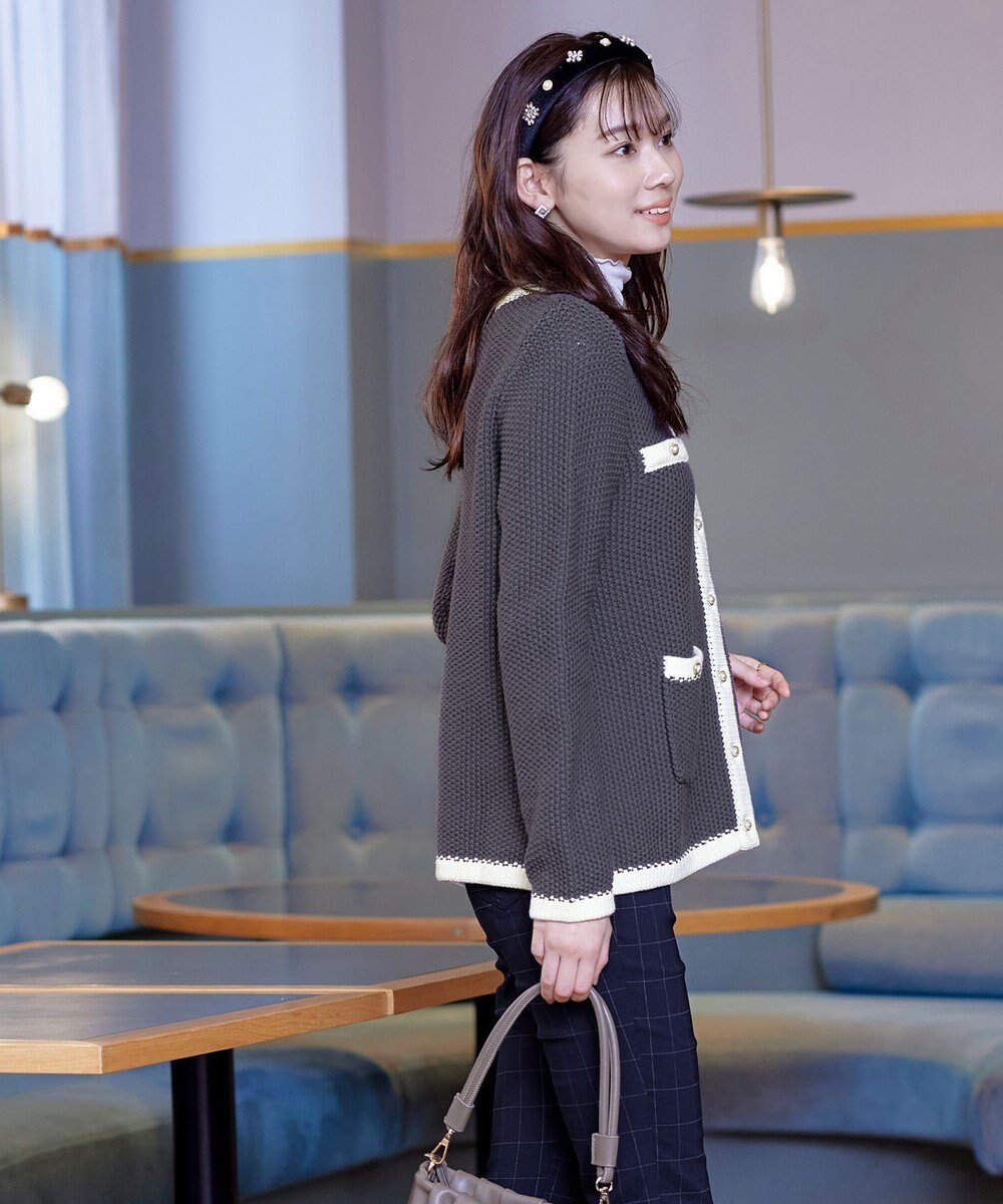 Tiaclasse 【洗える】ミドル丈配色ノーカラーニットジャケット 