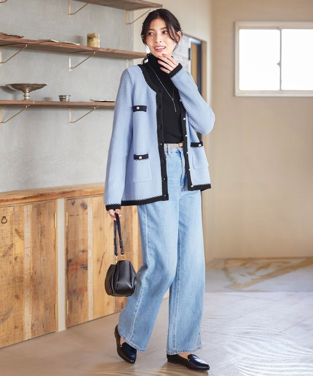 Tiaclasse 【洗える】ミドル丈配色ノーカラーニットジャケット 