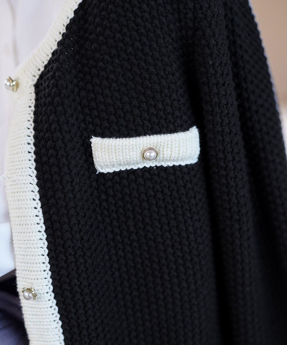 Tiaclasse 【洗える】ミドル丈配色ノーカラーニットジャケット 