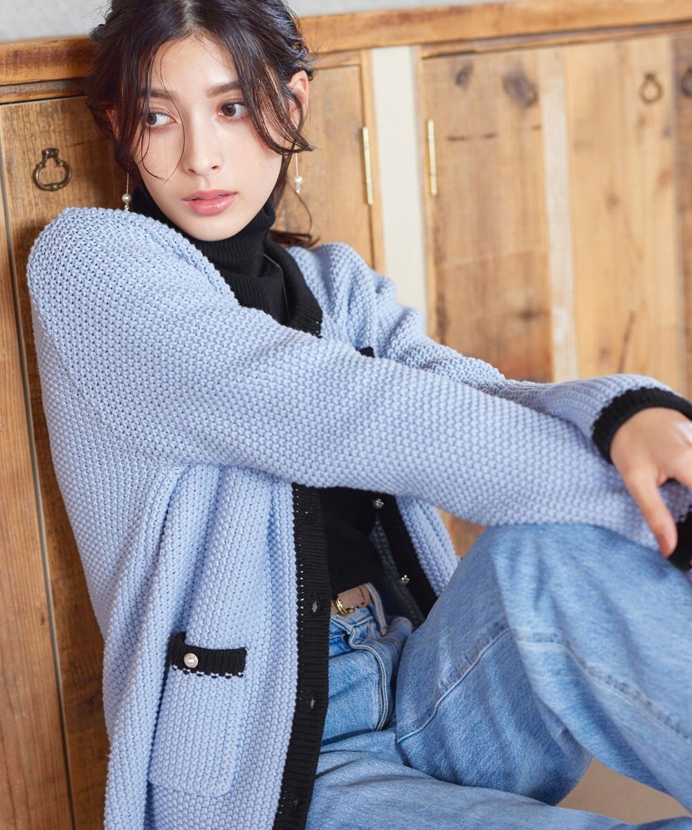 Tiaclasse 【洗える】ミドル丈配色ノーカラーニットジャケット 