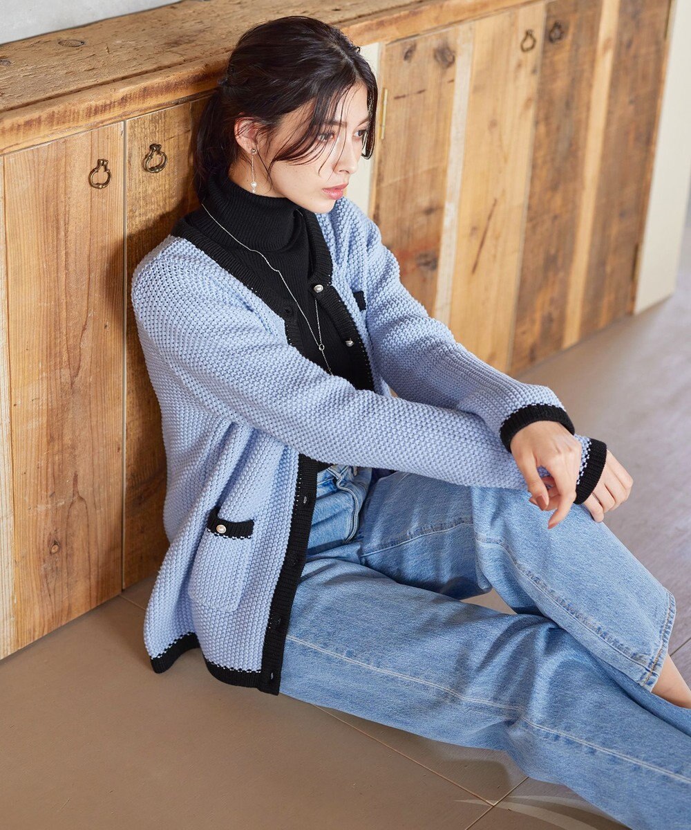 Tiaclasse 【洗える】ミドル丈配色ノーカラーニットジャケット 