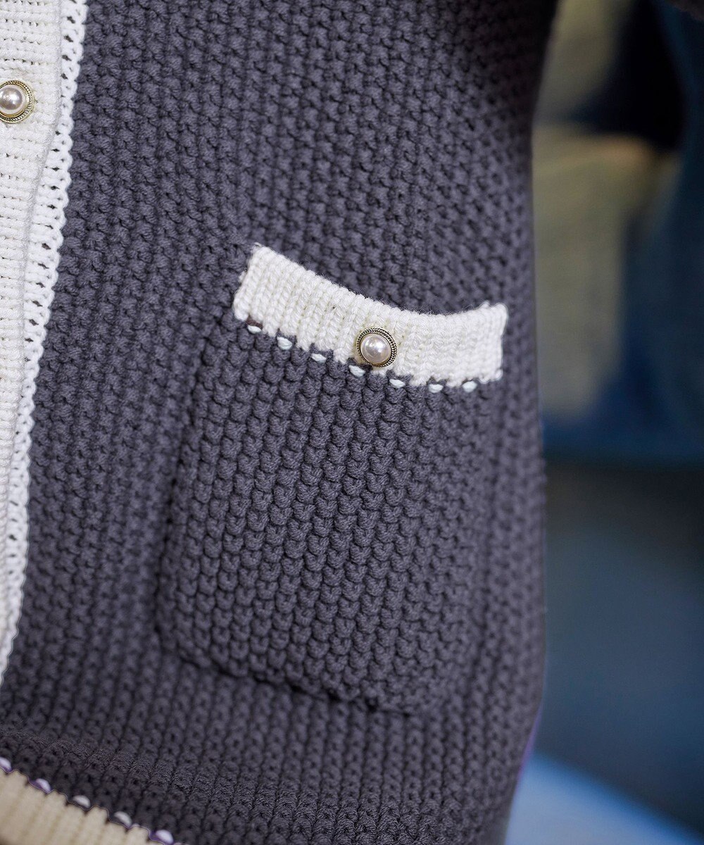 Tiaclasse 【洗える】ミドル丈配色ノーカラーニットジャケット 