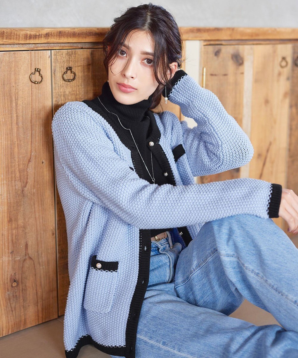 Tiaclasse 【洗える】ミドル丈配色ノーカラーニットジャケット 