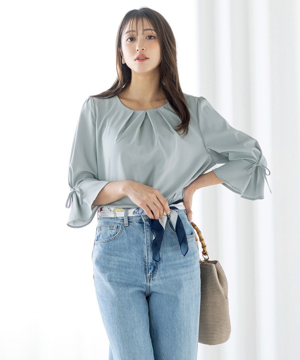 Tiaclasse 【洗える】リボン付きタックフレア袖ブラウス 