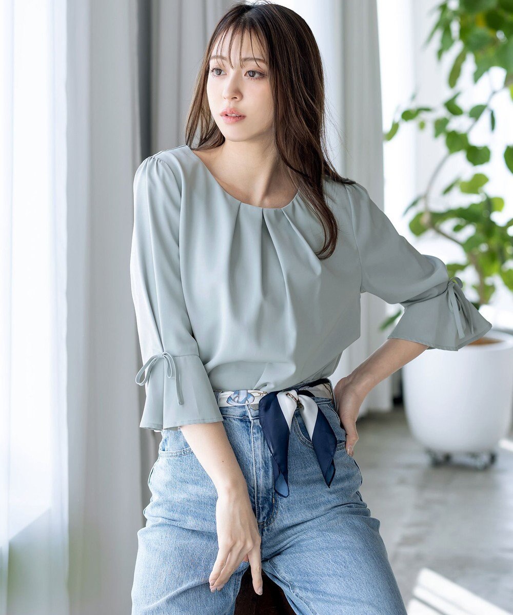 Tiaclasse 【洗える】リボン付きタックフレア袖ブラウス 