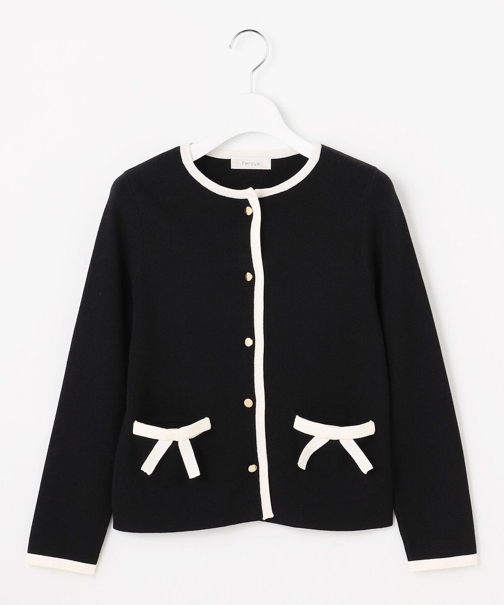 Feroux バイカラーリボンニット カーディガン 