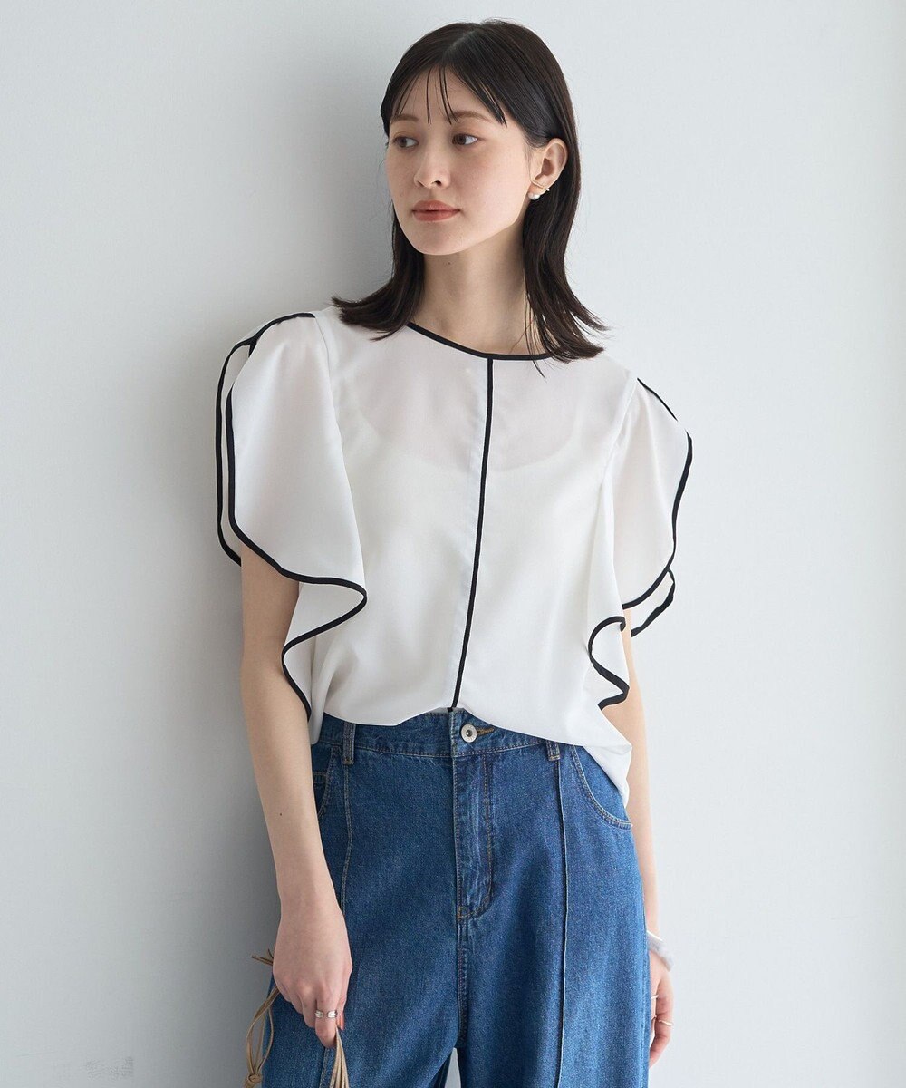 YECCA VECCA 配色ラッフルスリーブブラウス 