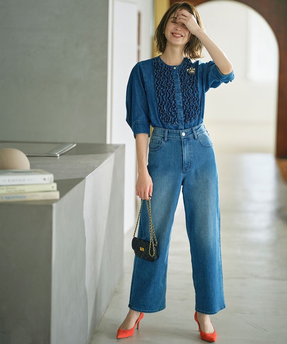 組曲 L 【ストレッチ】ミッドデニム ワイドストレートパンツ 