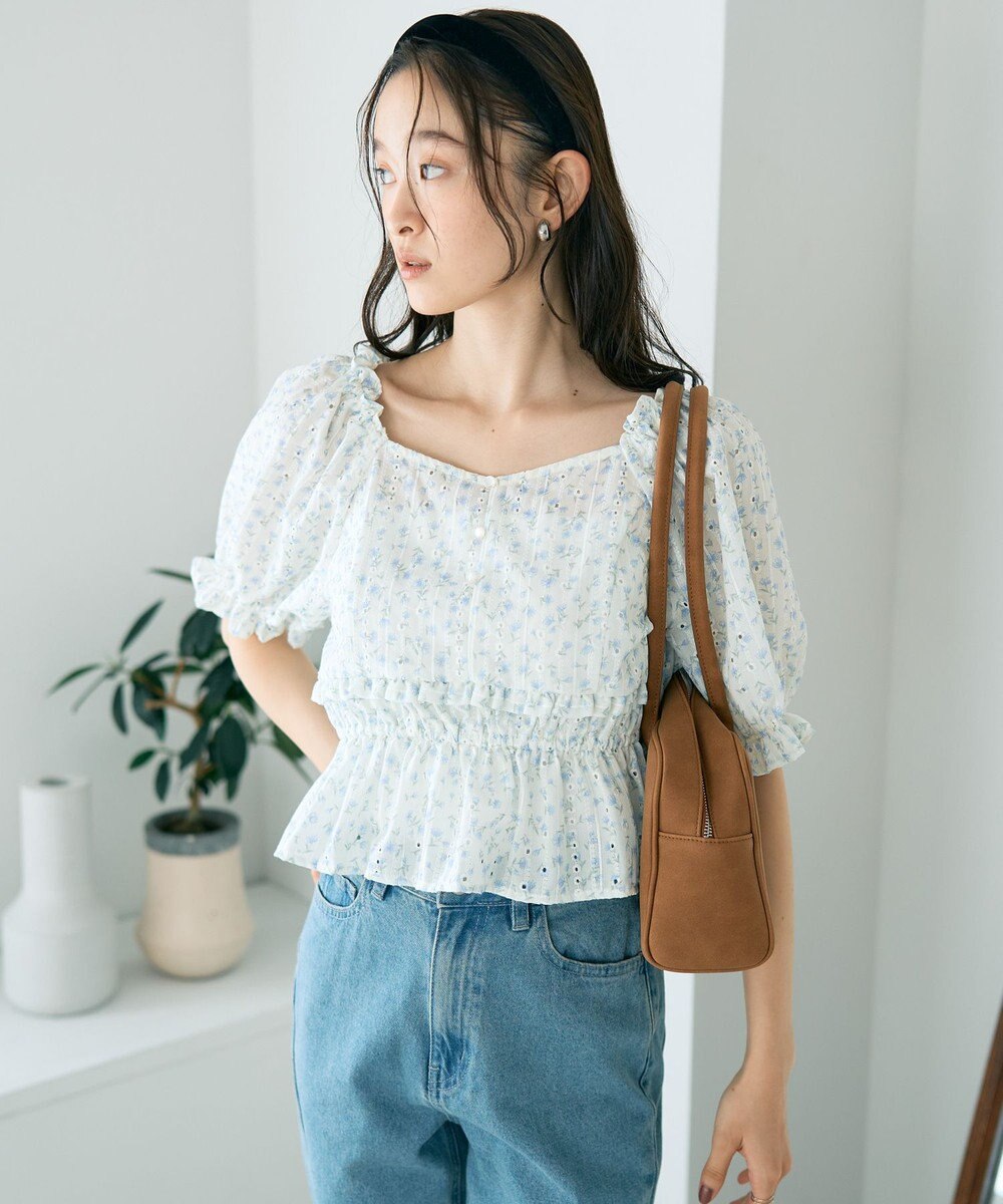 earth music&ecology フラワー刺繍フリルヘムブラウス 