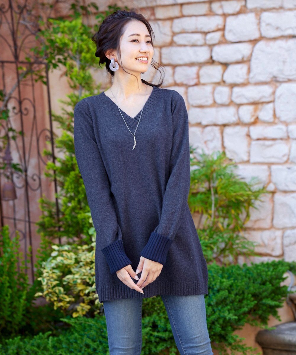 Tiaclasse L 【洗える】幅広く活躍が期待できるVネックリブニットチュニック 