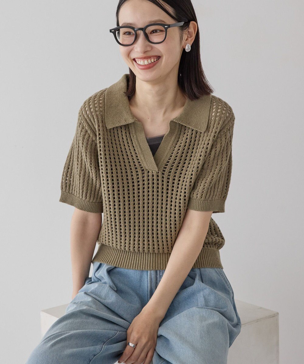 AMERICAN HOLIC 衿付きメッシュ編み半袖ニットプルオーバー 