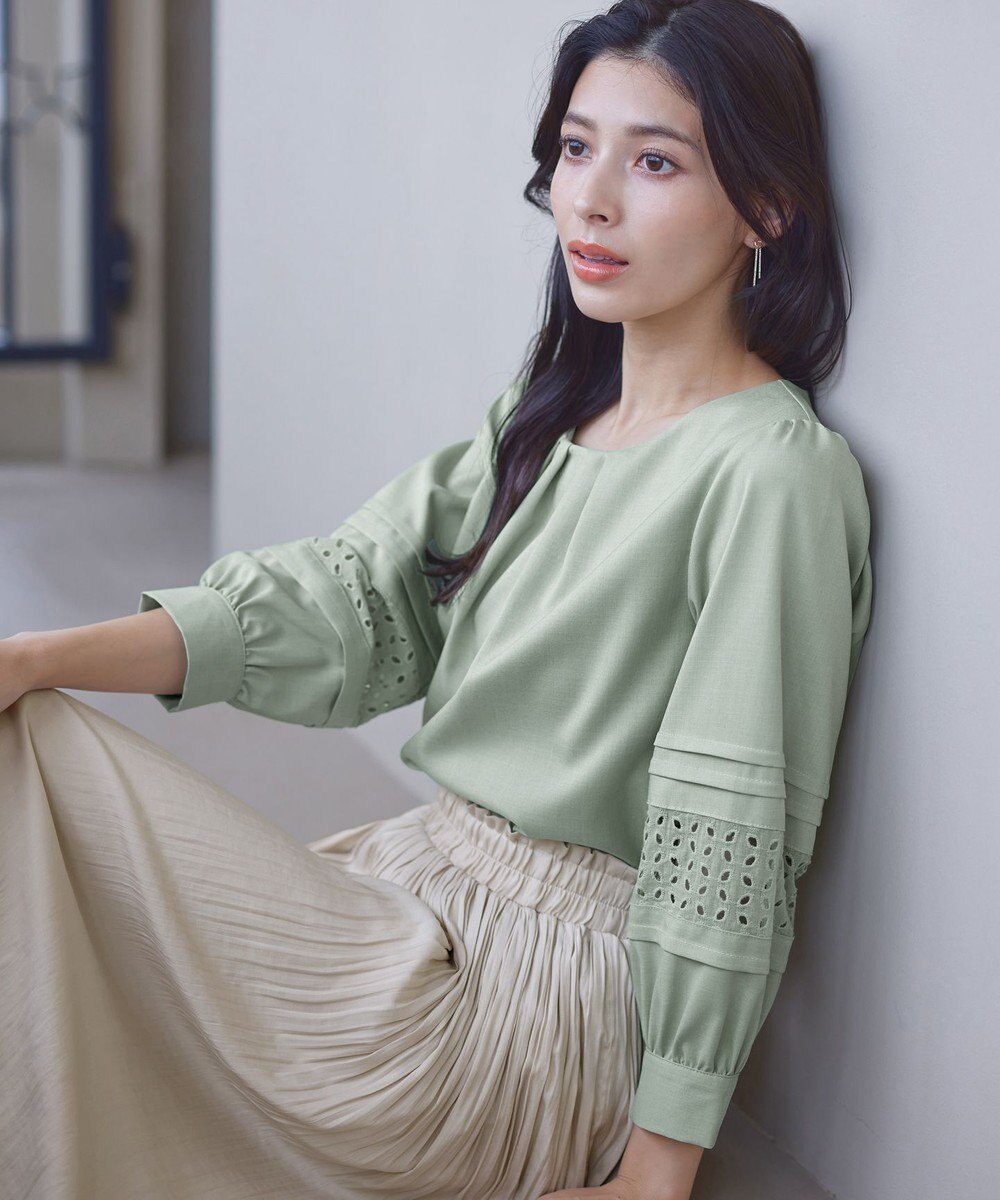 Tiaclasse L 【洗える】袖レースはさみこみシャツ 