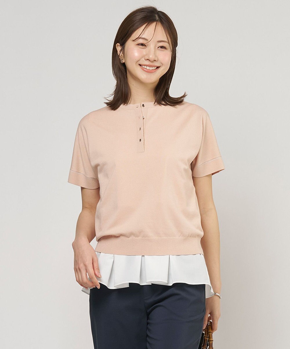 J.PRESS LADIES L COOL MINT COTTON POLYESTER ヘンリーネック ニット プルオーバー 