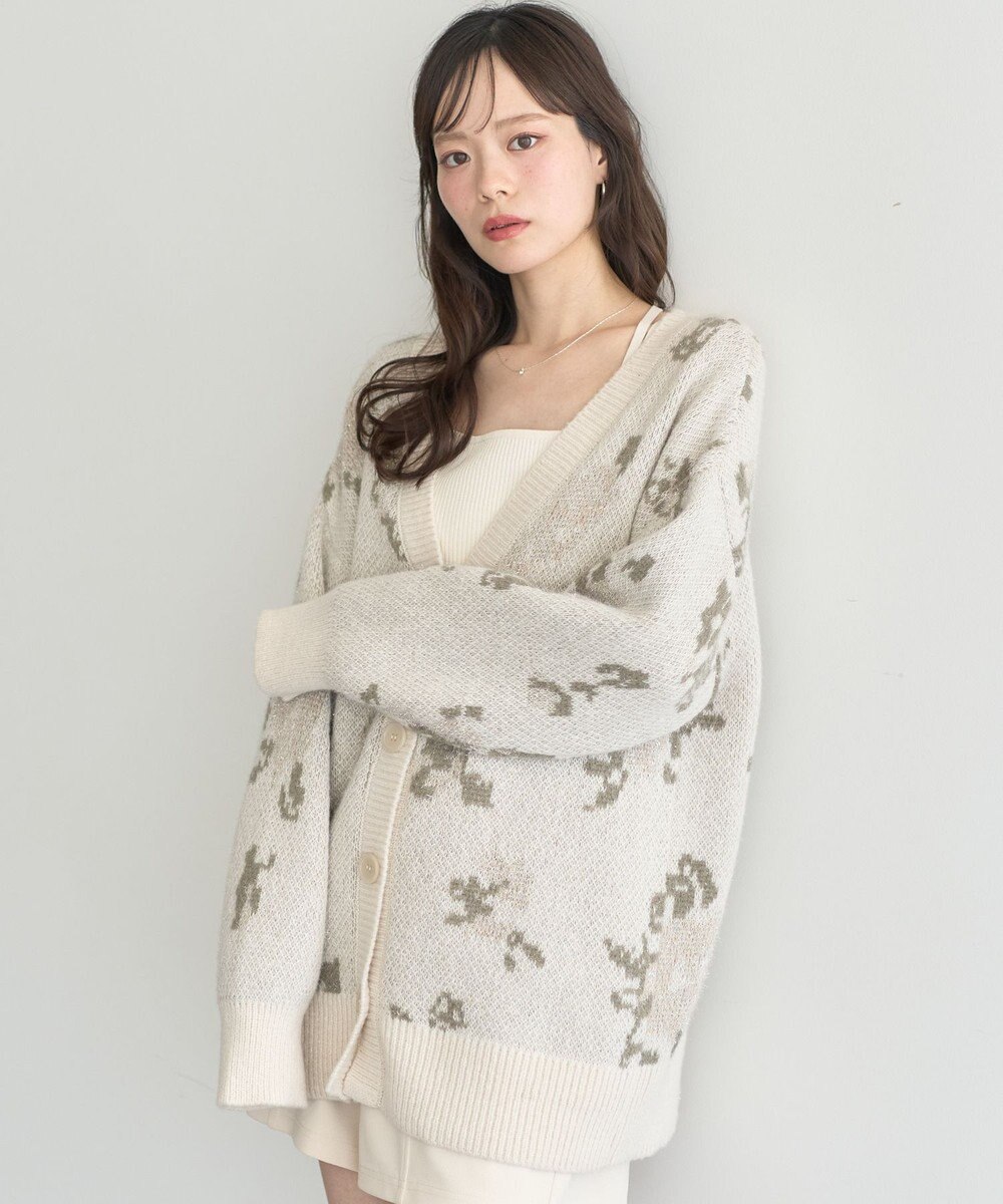 earth music&ecology フラワージャガードラメシャギーカーディガン 