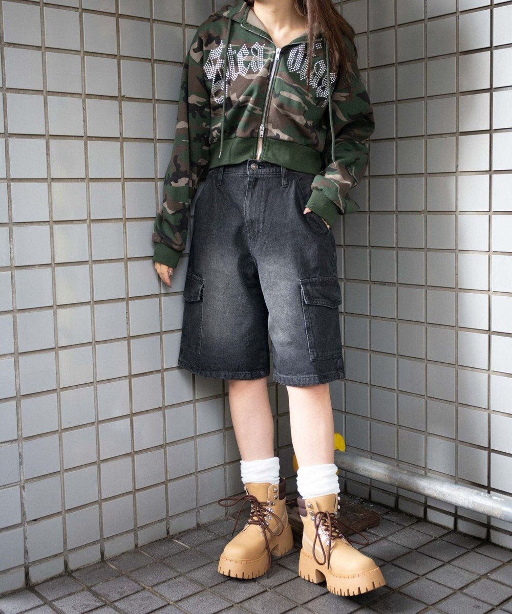 WEGO 【裏起毛】ラインストーン裏起毛ショートジップパーカー 