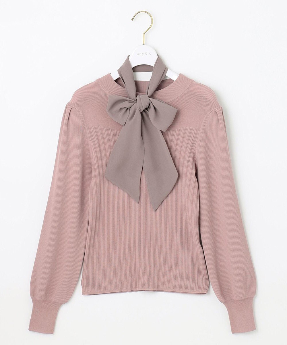 ANY SIS 【2WAY】リボン付き パフスリーブリブ ニット 