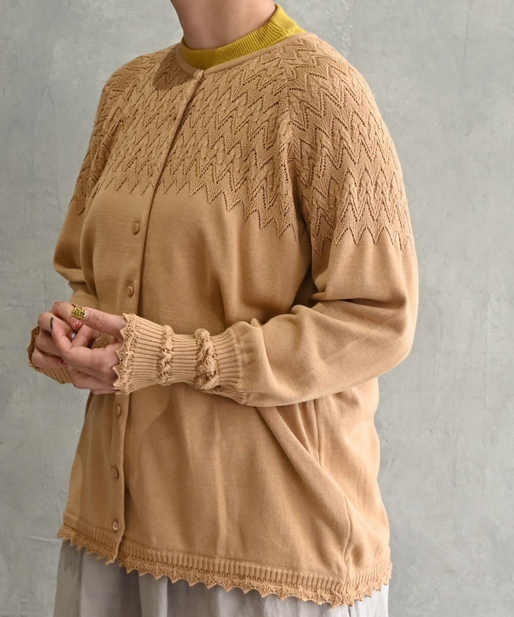 muuc 〈コットン100%強撚糸〉〈通気性が高いドライタッチな素材〉肩周り透かし編み・袖口レース編み コットンカーディガン 