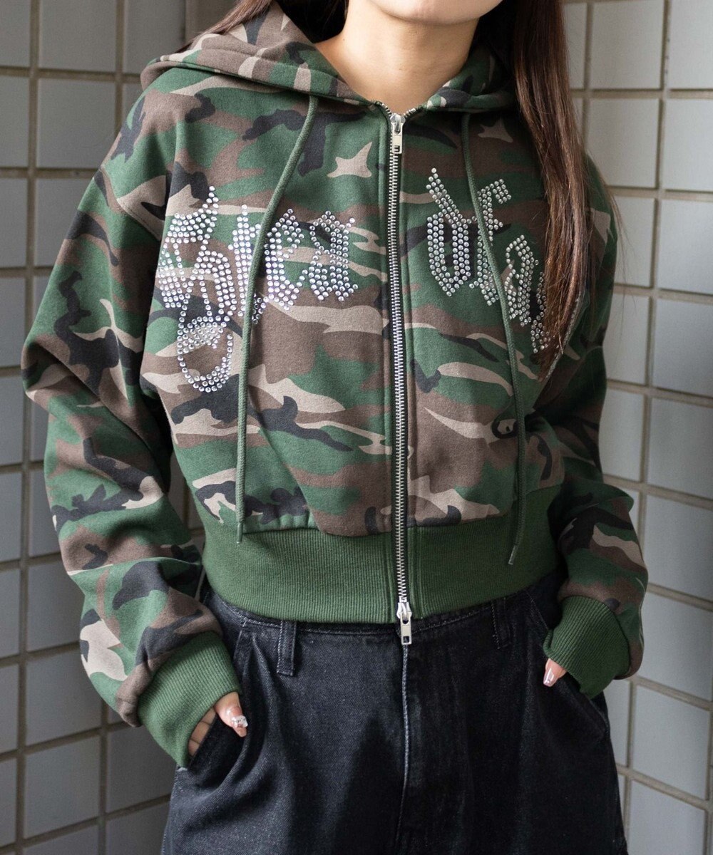 WEGO 【裏起毛】ラインストーン裏起毛ショートジップパーカー 