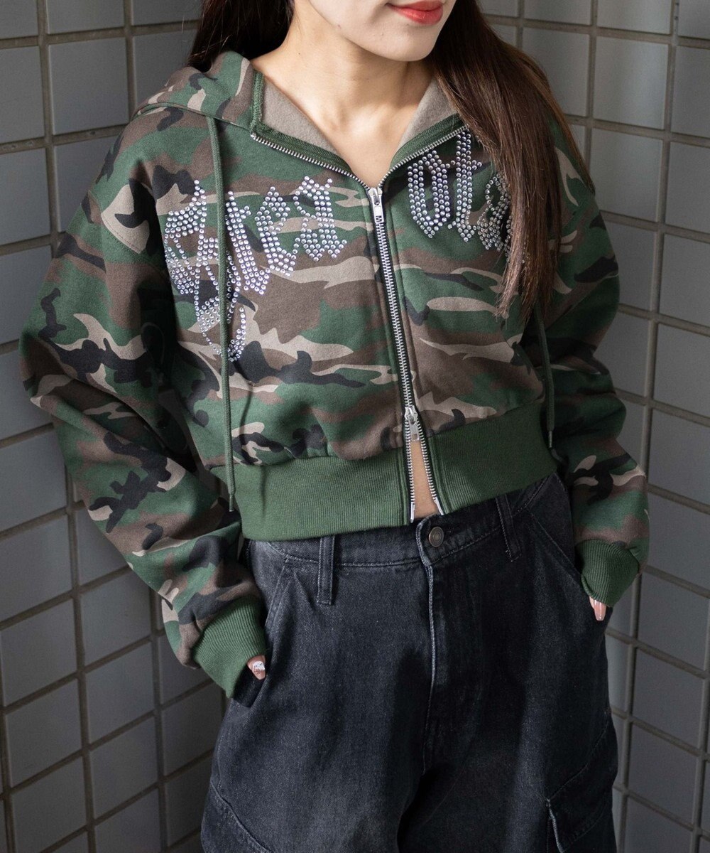 WEGO 【裏起毛】ラインストーン裏起毛ショートジップパーカー 