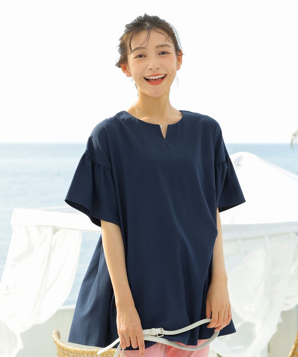 Tiaclasse 【洗える】キーネックフレア袖チュニックブラウス 