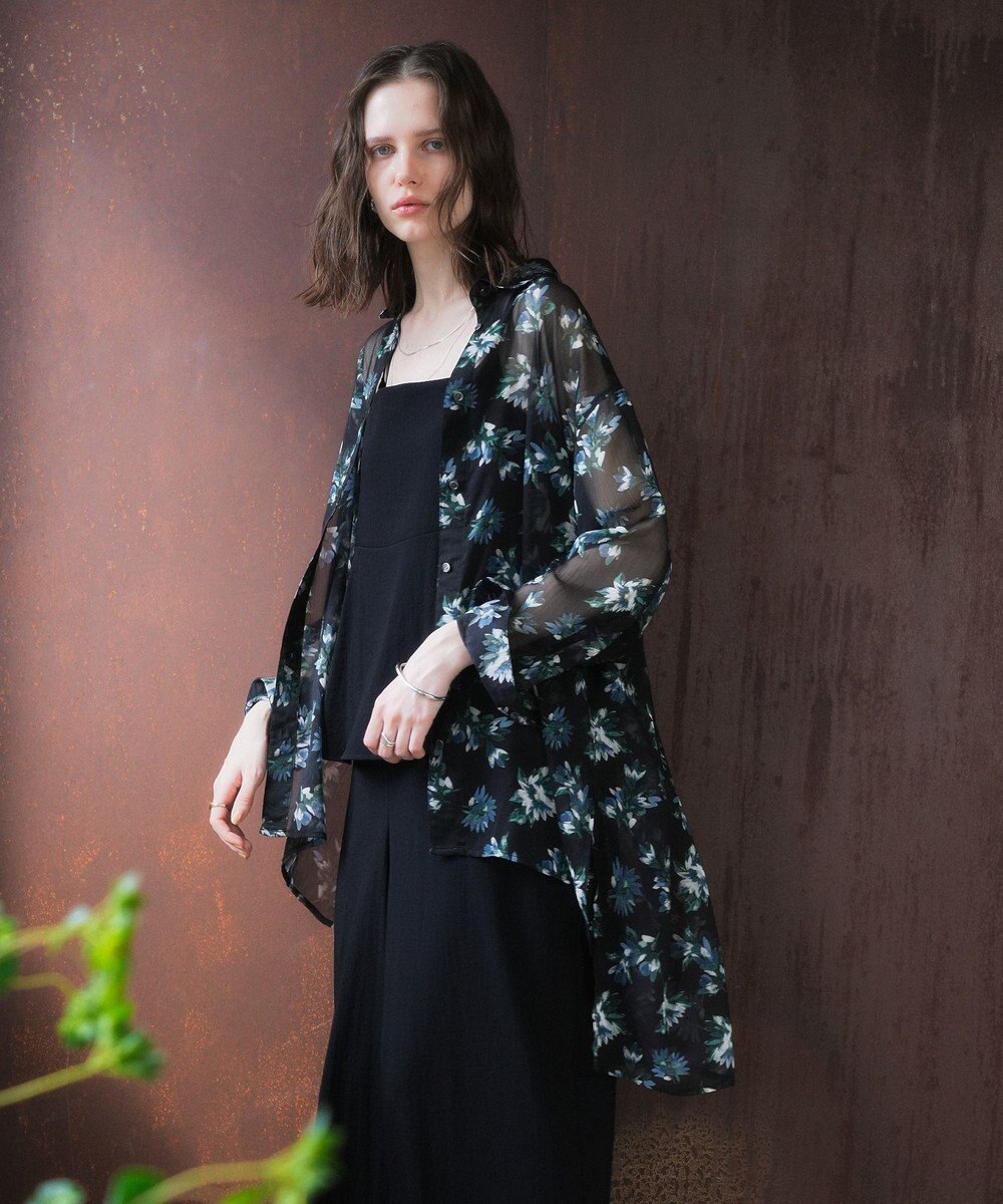 YECCA VECCA フラワー柄シアーロングシャツ 