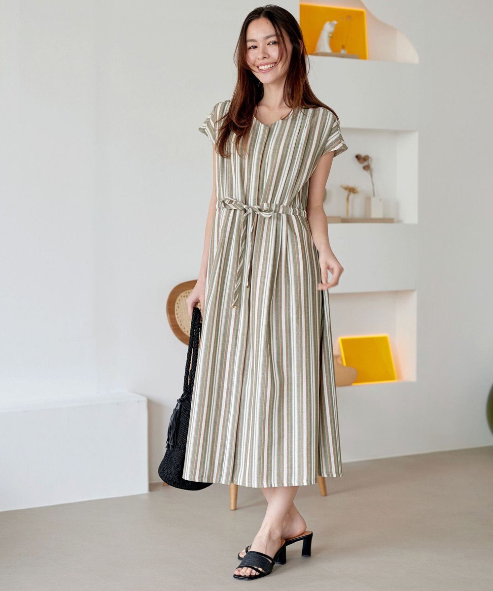 Tiaclasse 【洗える】麻調前開きフレンチワンピース 