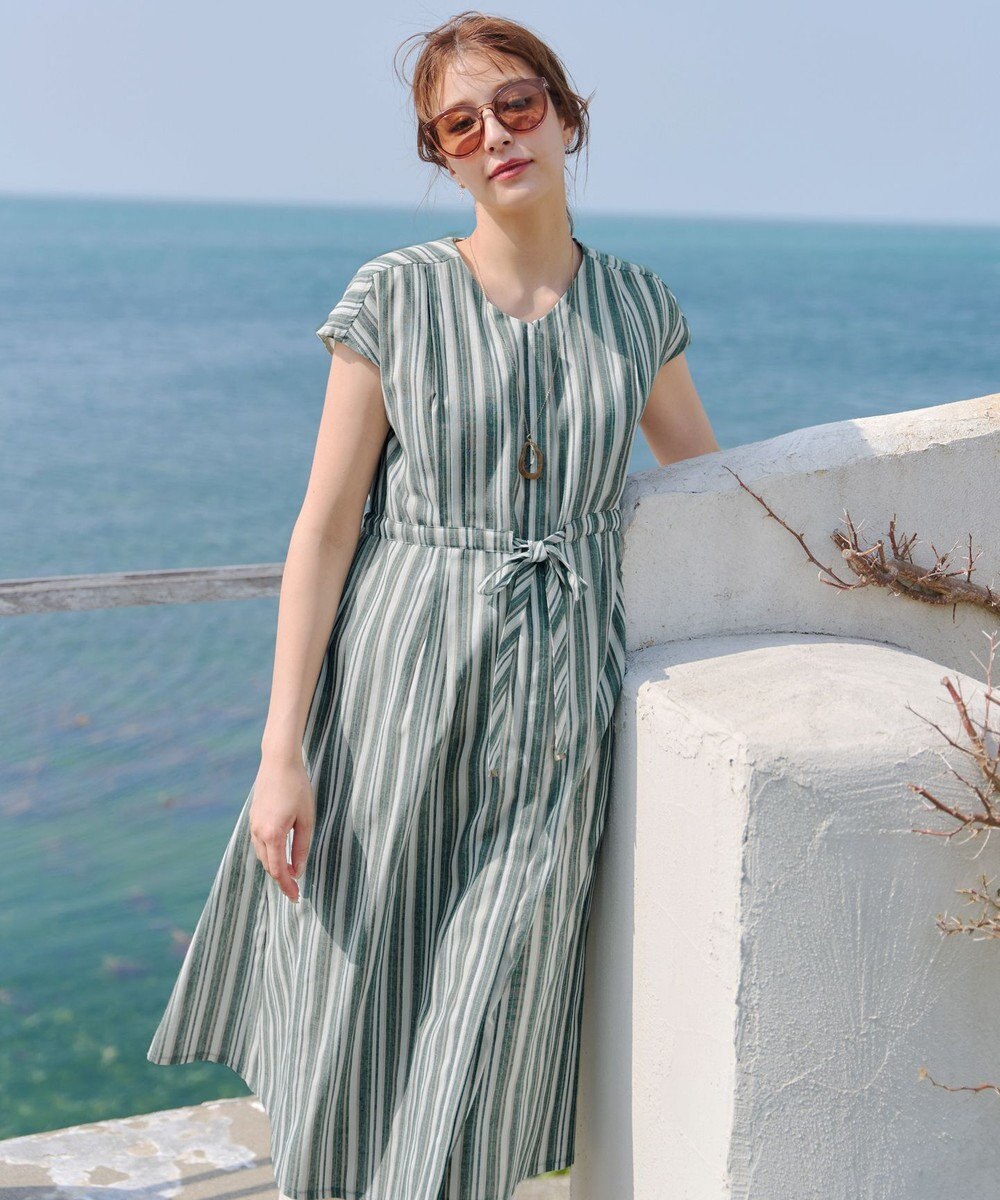 Tiaclasse 【洗える】麻調前開きフレンチワンピース 