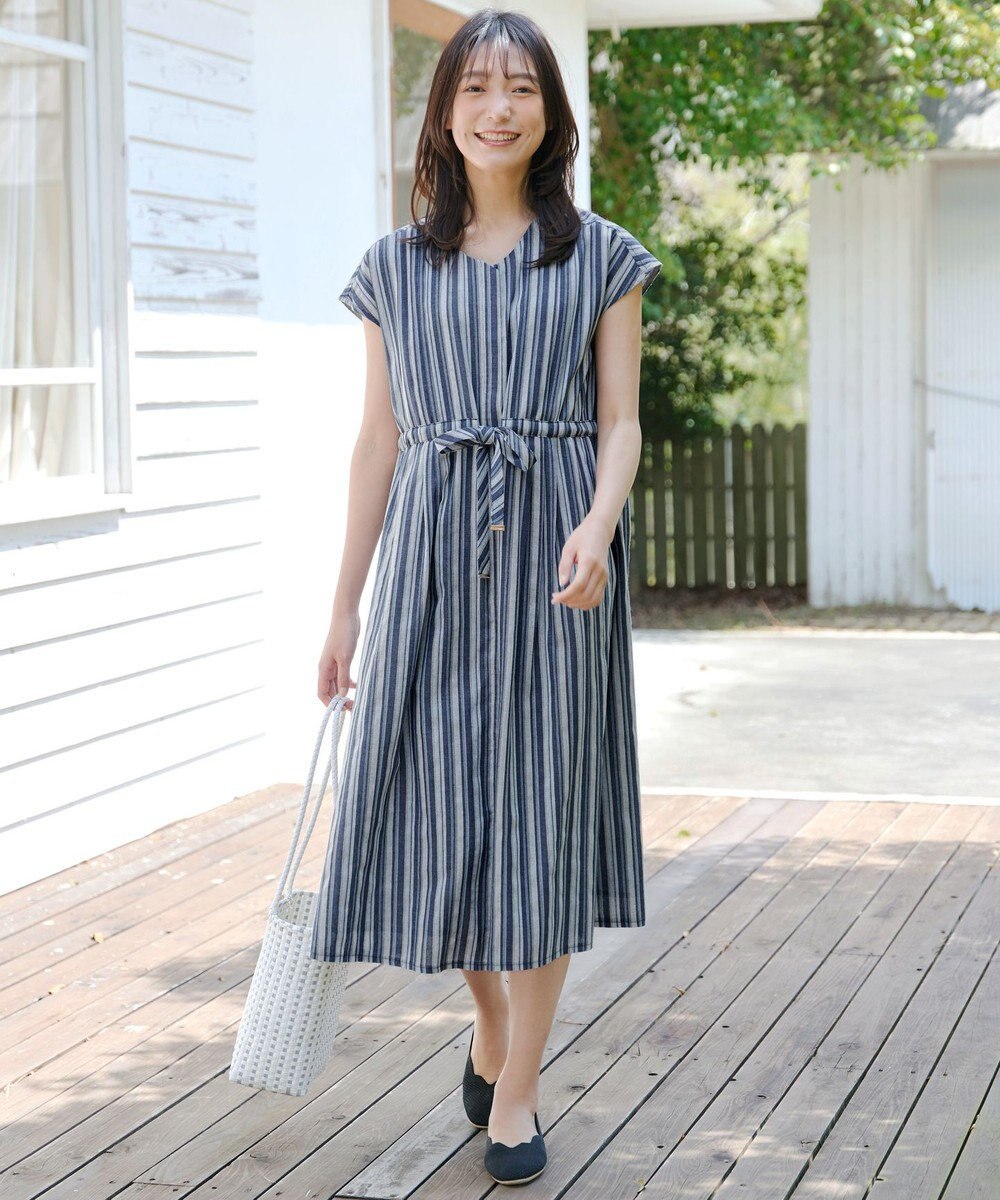 Tiaclasse 【洗える】麻調前開きフレンチワンピース 