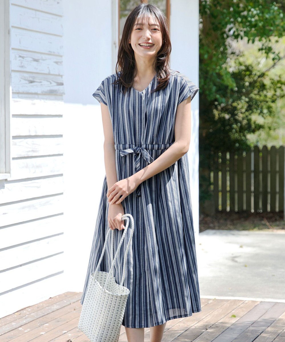 Tiaclasse 【洗える】麻調前開きフレンチワンピース 