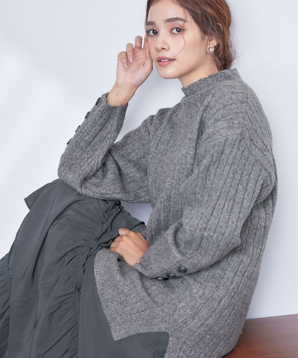 Tiaclasse L 【洗える】袖ボタンメランジニットチュニック 