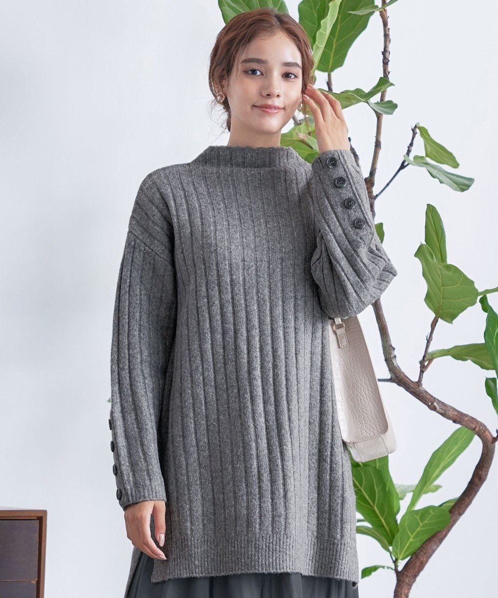 Tiaclasse L 【洗える】袖ボタンメランジニットチュニック 