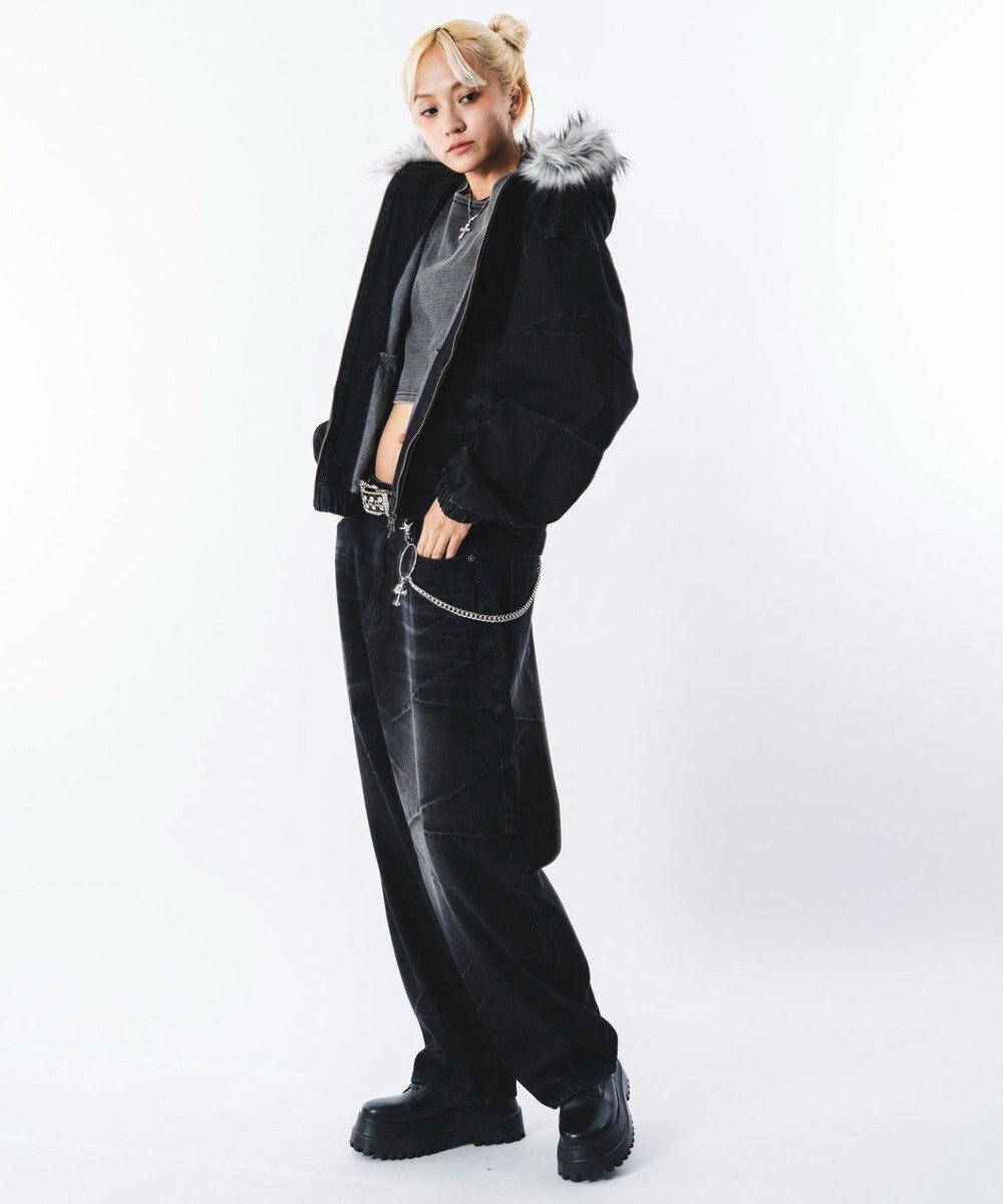 WEGO 【ユニセックス着用ITEM】ファーフードスラッシュデニムブルゾン 