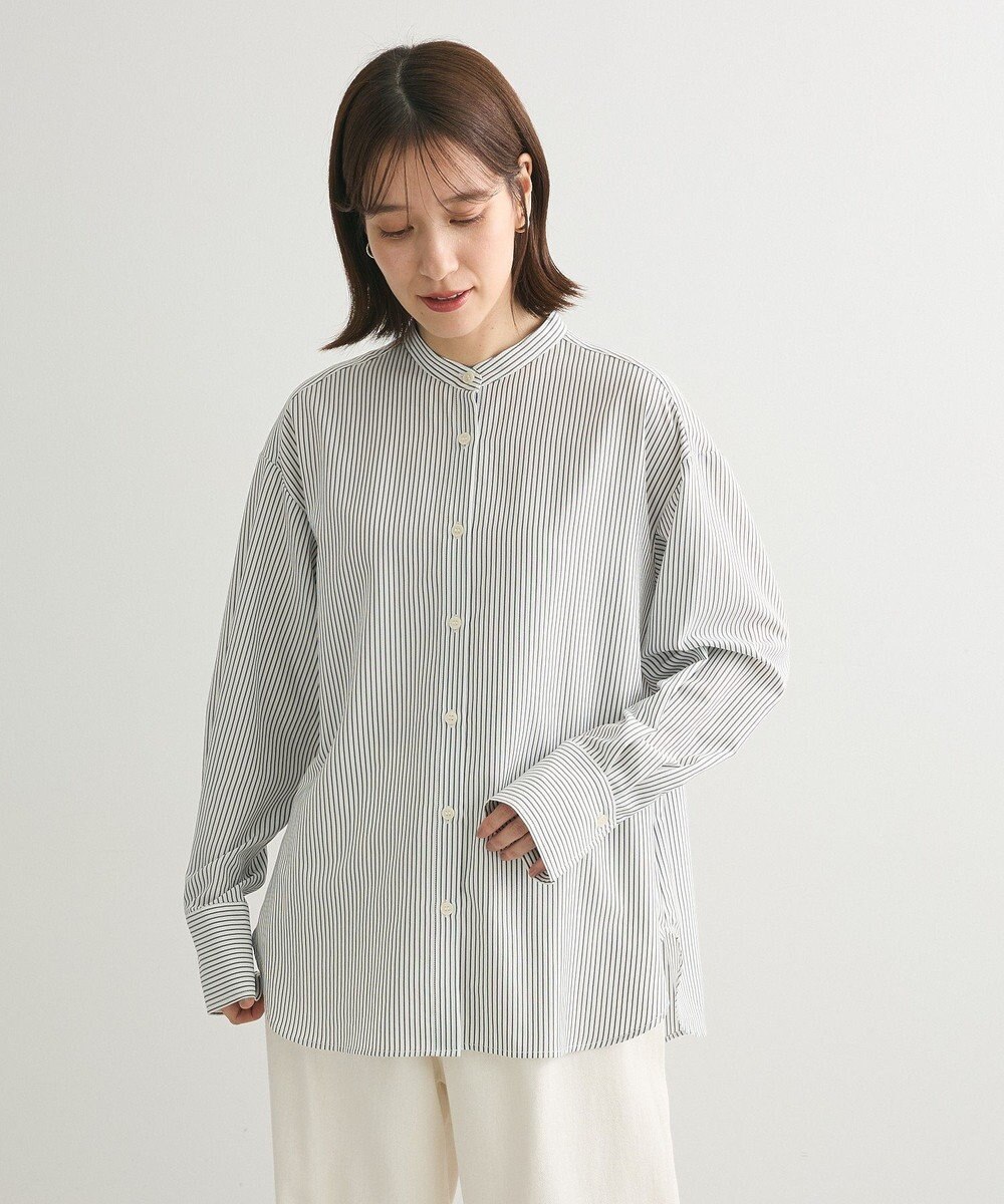 Green Parks バンドカラーストライプシャツ 